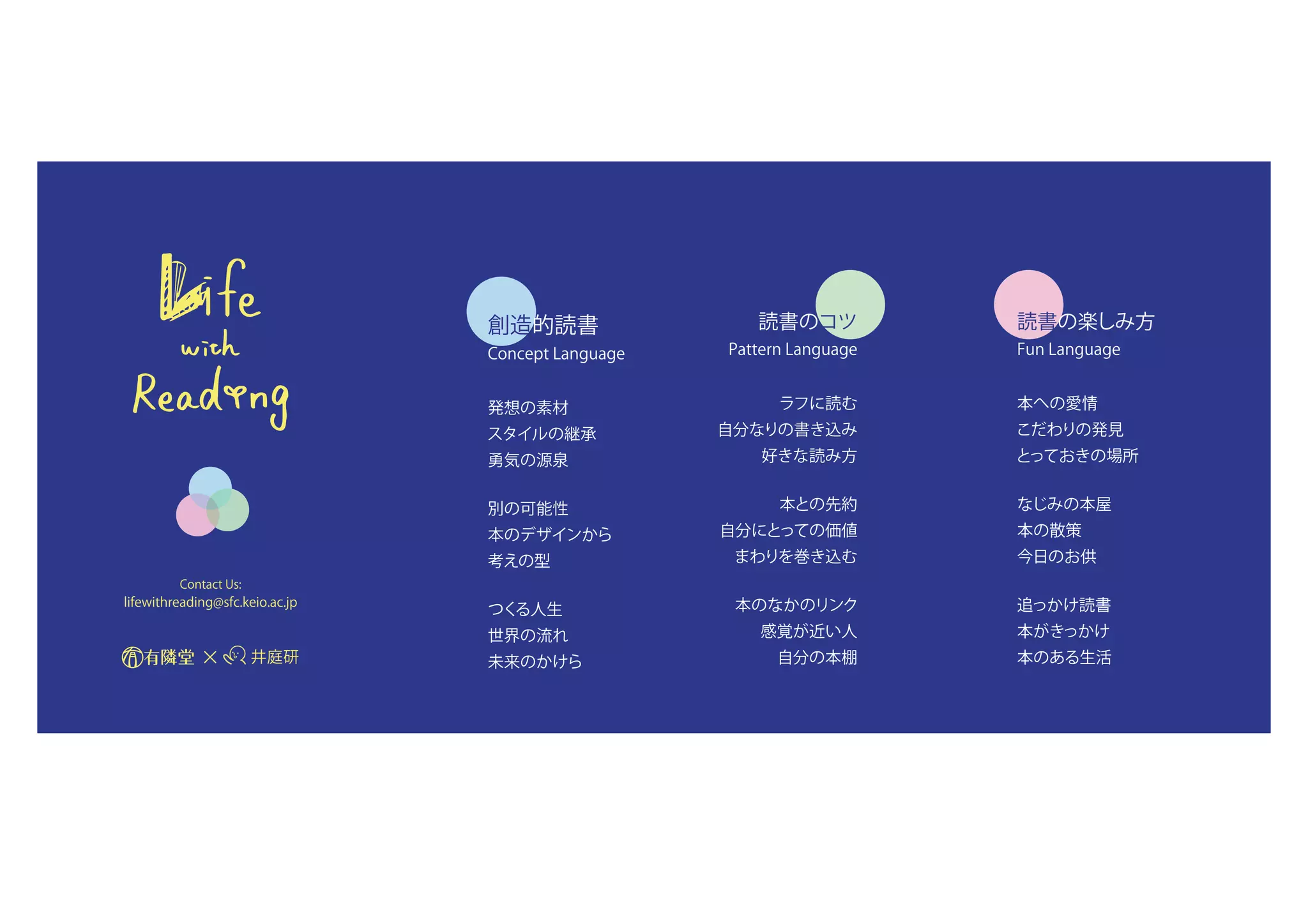 井庭研×
発想の素材
スタイルの継承
勇気の源泉
別の可能性
本のデザインから
考えの型
つくる人生
世界の流れ
未来のかけら
創造的読書
Concept Language
Contact Us:
lifewithreading@sfc.keio.ac.jp
本への愛情
こだわりの発見
とっておきの場所
なじみの本屋
本の散策
今日のお供
追っかけ読書
本がきっかけ
本のある生活
ラフに読む
自分なりの書き込み
好きな読み方
本との先約
自分にとっての価値
まわりを巻き込む
本のなかのリンク
感覚が近い人
自分の本棚
読書の楽しみ方
Fun Language
読書のコツ
Pattern Language
 