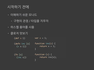 시작하기 전에
• 이해하기 쉬운 모나드
• 구현의 관점 / 타입을 지우자
• 하스켈 용어를 사용
• 클로저 맛보기
(def x 1)
(defn inc [x]
(+ x 1))
(fn [x]
(inc x))
var x = 1;
function inc(x) {
return x + 1;
}
function (x) {
return inc(x);
}
 
