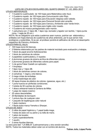 Tobias Julio, López Ponte.
LISTA DE ÚTILIES ESCOLARES DEL QUINTO GRADO “C” -I.E. 2003- 2017
UTILES INDIVIDUALES
 1 Cuaderno cuadriculado de 100 hojas para Matemática color Azul.
 1 Cuaderno rayado de 100 hojas para Comunicación color Rojo.
 1 Cuaderno rayado de 100 hojas para Educación religiosa color celeste.
 1 Cuaderno rayado de 100 hojas para Personal Social color amarillo
 1 Cuaderno rayado de 100 hojas para Ciencia y Ambiente color Verde limón.
 1 Cuaderno rayado de 100 hojas para Inglés color rosado.
 1 Cuaderno de música pentagramado color marrón.
 1 cartuchera con: (1 lápiz 2B, 1 lápiz rojo, borrador y tajador con tachito, 1 tijera punta
roma, 1 regla de 20 cm.)
NOTA: No es obligatorio que estos cuadernos sean nuevos, podrían ser elaborados y
anillados con hojas blancas de cuadernos de años anteriores, por lo que serían más
ecológicos y sostenibles. Si es así ,el profesor pondrá el calificativo de AD en el desempeño
respectivo de Ciencia y Ambiente.
UTILES PARA EL AULA:
 100 hojas bond A4 blancas.
 2 fólderes elaborados por los padres de material reciclado para evaluación y trabajos.
 1 block de papel arcoíris fosforescentes
 1 block de cartulinas de colores
 3 papelotes cuadriculados y 3 rayados
 4 plumones gruesos de pizarra acrílica de diferentes colores.
 2 plumones gruesos de diferentes colores para papel.
 ¼ de goma Faber Castell con aplicador.
 1 limpiatipo.
 1 lápiz rojo y 1 lápiz 2B.
 1 block de cartulinas canson de colores.
 2 cartulinas: 1 negra y otra blanca.
 2 mega cintas de embalaje.
 1 cinta maskintape de color
 30 tapas limpias de plástico de colores. (gaseosa, agua, etc.)
 1 porta huevos en perfectas condiciones.
 1 bolsita de 50 cuentas de colores.
 1 ábaco artesanal hasta la Centena de Millar.
 1 juego de naipes (casino)
 25 vasos descartables.
 20 Bandejitas de tecnoport.
 1 pintura Apu de cualquier color
 1 paquete de bajalenguas color natural
 1 dado mediano
 1 flauta dulce marca Yamaha o Sharper.
ÚTILES DE ASEO
 2 rollos de papel higiénico y 1 papel toalla mega.
 1 bolsa de aseo con su peine y su tolla de mano.
 1 jabon de tocador.
 1 paño superabsorbente.
 1 ayudín.
 2 ceras líquidas blancas.
La obra para leer: “LA BIBLIA” (Latinoamericana u otra versión sencilla)
NOTA. Todos los materiales deben estar con el nombre del alumno.
Tobias Julio, López Ponte.
 