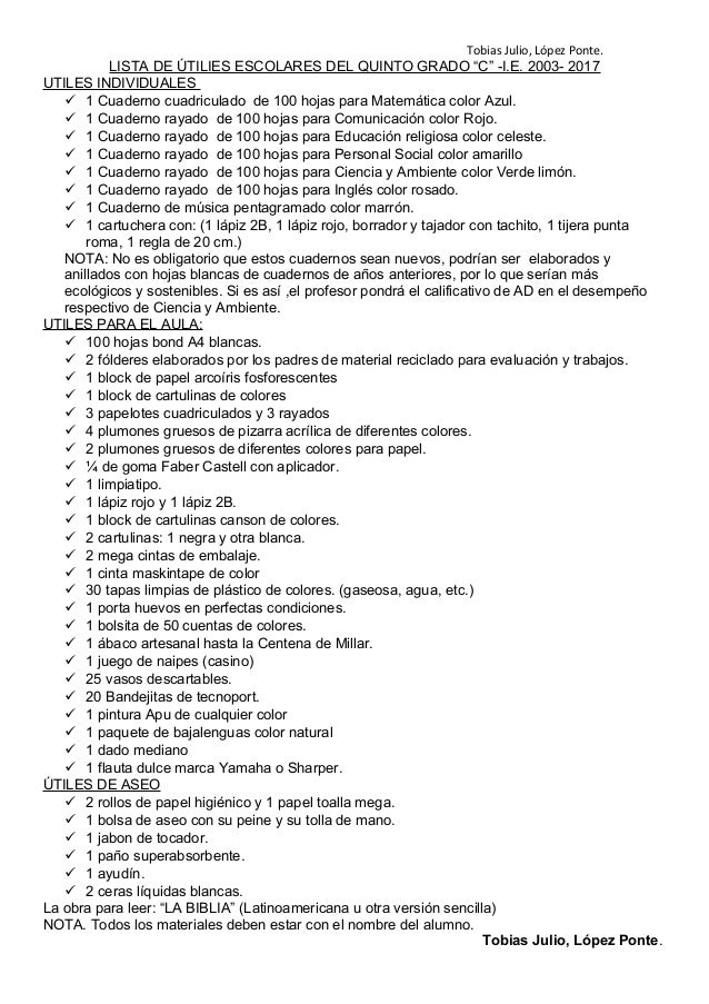 LISTA DE UTILES PARA EL 5TO. GRADO "C" DE PRIMARIA DE LA I.E. LJSM 20…