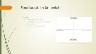 Feedback im Unterricht
´ Standbild
´ Gibt Überblick über das Interesse
´ und Verständnis der Schülerinnen und Schüler
´ Zeitaufwendig
´ Nur einmal in der Stunde einsetzbar
Quelle: http://www.bw.ganztaegig-lernen.de/sites/default/files/2013-07-11_11-06-28-800.pdf (Zugriff 30.5.17 um 14:35 Uhr)
 