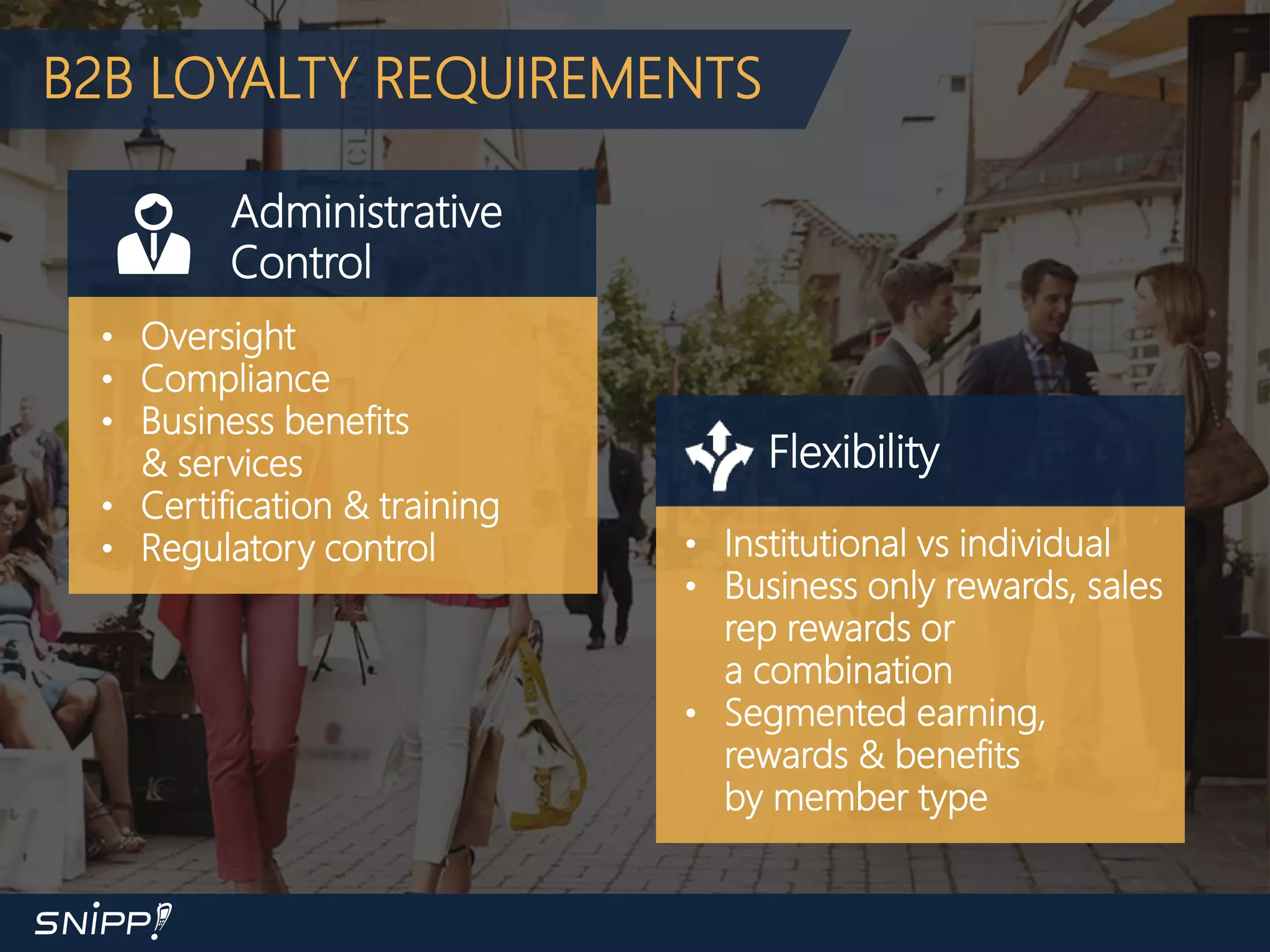 B2B LOYALTY REQUIREMENTS
• Oversight
• Compliance
• Business benefits
& services
• Certification & training
• Regulatory control • Institutional vs individual
• Business only rewards, sales
rep rewards or
a combination
• Segmented earning,
rewards & benefits
by member type
Administrative
Control
Flexibility
 