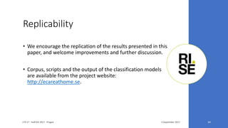 Replicability
3 September 2017LTA'17 - FedCSIS 2017 - Prague 24
• We encourage the replication of the results presented in this
paper, and welcome improvements and further discussion.
• Corpus, scripts and the output of the classification models
are available from the project website:
http://ecareathome.se.
 