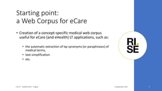 Starting point:
a Web Corpus for eCare
3 September 2017LTA'17 - FedCSIS 2017 - Prague 7
• Creation of a concept-specific medical web corpus
useful for eCare (and eHealth) LT applications, such as:
• the automatic extraction of lay synonyms (or paraphrases) of
medical terms,
• text simplification
• etc.
 