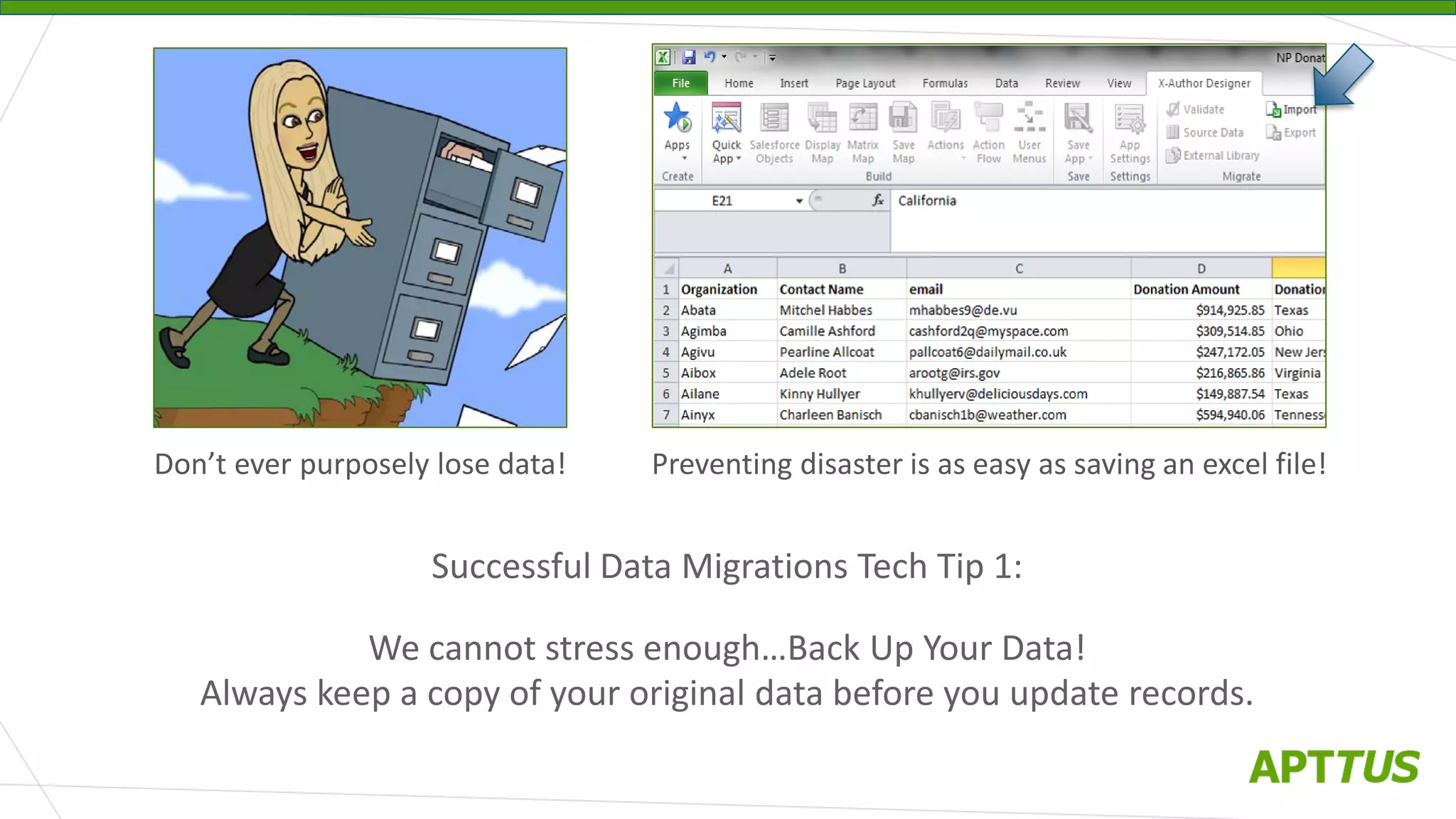 Don’t ever purposely lose data! Preventing disaster is as easy as saving an excel file!
Successful Data Migrations Tech Tip 1:
We cannot stress enough…Back Up Your Data!
Always keep a copy of your original data before you update records.
 