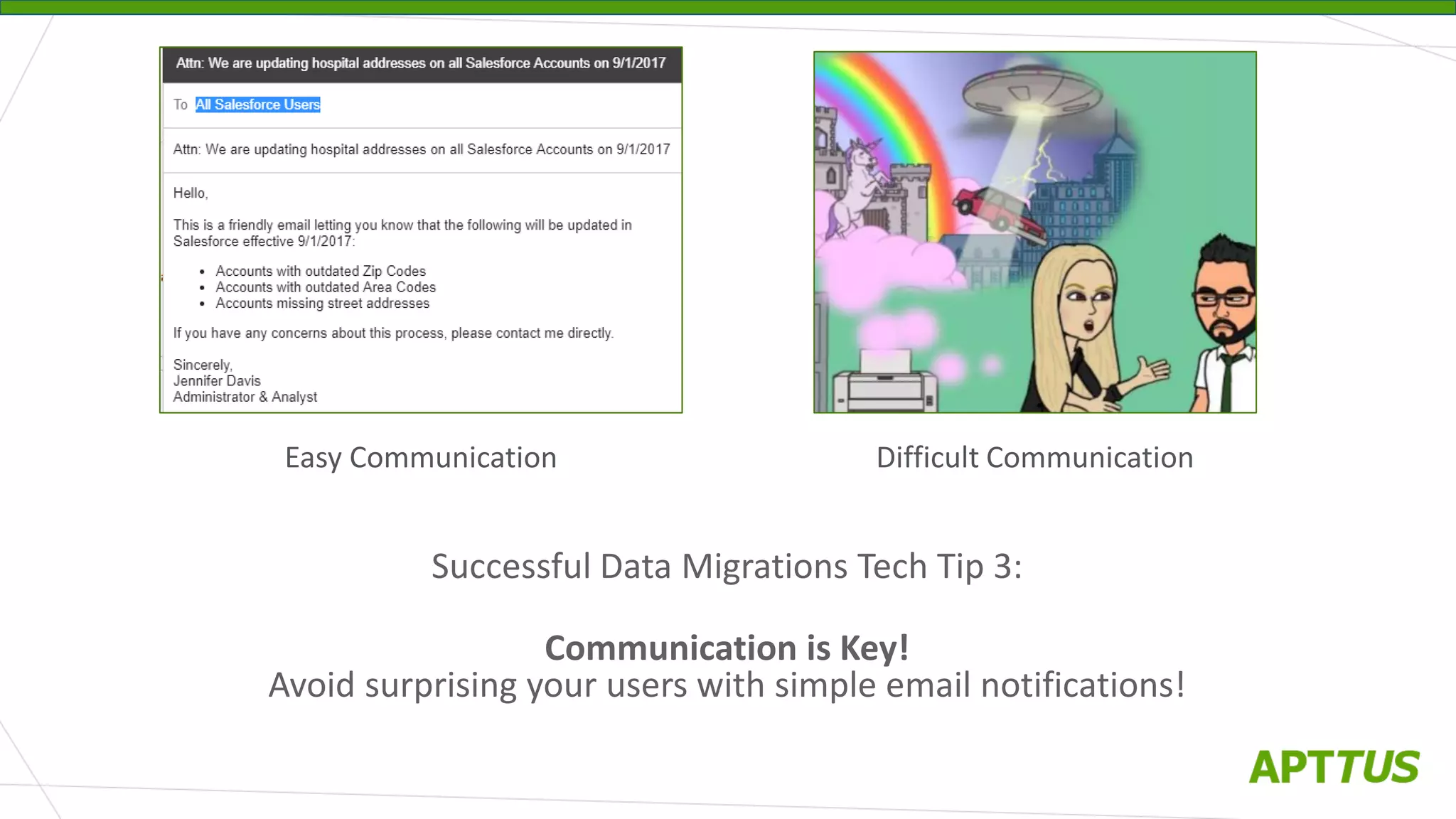 Successful Data Migrations Tech Tip 3:
Communication is Key!
Avoid surprising your users with simple email notifications!
Easy Communication Difficult Communication
 