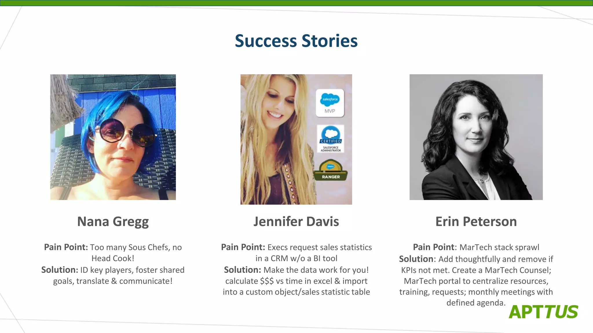 Success Stories
Nana Gregg
Pain Point: Too many Sous Chefs, no
Head Cook!
Solution: ID key players, foster shared
goals, translate & communicate!
Jennifer Davis
Pain Point: Execs request sales statistics
in a CRM w/o a BI tool
Solution: Make the data work for you!
calculate $$$ vs time in excel & import
into a custom object/sales statistic table
Erin Peterson
Pain Point: MarTech stack sprawl
Solution: Add thoughtfully and remove if
KPIs not met. Create a MarTech Counsel;
MarTech portal to centralize resources,
training, requests; monthly meetings with
defined agenda.
 