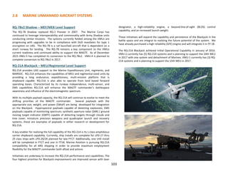 2.8 MARINE UNMANNED AIRCRAFT SYSTEMS
RQ-7Bv2 Shadow – MEF/MEB Level Support
The RQ-7B Shadow replaced RQ-2 Pioneer in 2007. The Marine Corps has
continued to leverage interoperability and commonality with Army Shadow units
conducting similar missions. The systems currently fielded among the VMUs are
progressing with upgrades to be in compliance with DoD mandates for type 1
encryption on UAS. The RQ-7B is a rail launched aircraft that is dependent on a
short runway for landing. The RQ-7B remains a key component to the VMUs
current readiness and continued ability to support the MAGTF. As of December
2015 VMU-3 has completed its conversion to the RQ-7Bv2. VMU-4 is planned to
complete conversion to RQ-7Bv2 in 2017.
RQ-21A Blackjack – MEU/Regimental Level Support
RQ-21A provides UAS support to the Marine Expeditionary Unit, regiments, and
MARSOC. RQ-21A enhances the capabilities of MEU and regimental-sized units by
providing a long endurance, expeditionary, multi-mission platform that is
shipboard capable. RQ-21A is also able to operate from land based forward
operating bases. Characterized by its runway independence, multi-sensor, and
EMS capabilities RQ-21A will enhance the MAGTF commander’s battlespace
awareness and influence of the electromagnetic spectrum.
With its multiple payload capacity, the RQ-21A will continue to evolve to meet the
shifting priorities of the MAGTF commander. Several payloads with the
appropriate size, weight, and power (SWaP) are being developed for integration
on the Blackjack. Hyperspectral payloads capable of detecting explosives; EMS
payloads capable of monitoring spectrum; synthetic aperture radar (SAR) / ground
moving target indicator (GMTI) capable of detecting targets through clouds and
tree cover; miniature precision weapons and quadcopter launch and recovery
systems…these are examples of payloads in either research or development for
RQ-21A.
A key enabler for realizing the full capability of the RQ-21A is its L-class amphibious
carrier shipboard capability. Currently, ship installs are complete for LPD-17 thru
25 class ships with LPD-20/26 planned for late FY17. Additionally, one LHD install
will be completed in FY17 and one in FY18. Marine Aviation is pursuing RQ-21A
compatibility for all ARG shipping in order to provide maximum employment
flexibility for the MAGTF commander both afloat and ashore.
Initiatives are underway to increase the RQ-21A performance and capabilities. The
four highest priorities for Blackjack improvements are improved sensor with laser
designator, a high-reliability engine, a beyond-line-of-sight (BLOS) control
capability, and an increased launch weight.
These initiatives will expand the capability and persistence of the Blackjack in the
battle space and are integral to realizing the future potential of the system. We
have already purchased a high reliability (GFE) engine and will integrate it in FY-18.
The RQ-21A Blackjack achieved Initial Operational Capability in January of 2016.
VMU-2 currently has (5) RQ-21A systems and is planning to support the 24th MEU
in 2017 with one system and detachment of Marines. VMU-1 currently has (3) RQ-
21A systems and is planning to support the 15th MEU in 2017.
103
 