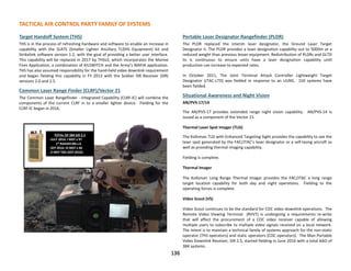 TACTICAL AIR CONTROL PARTY FAMILY OF SYSTEMS
136
Target Handoff System (THS)
THS is in the process of refreshing hardware and software to enable an increase in
capability with the SLATE (Smaller Lighter Ancillary TLDHS Equipment) kit and
Strikelink software version 1.2, with the goal of providing a better user interface.
This capability will be replaced in 2017 by THSv2, which incorporates the Marine
Fires Application, a combination of KILSWITCH and the Army’s MAFIA application.
THS has also assumed responsibility for the hand-held video downlink requirement
and began fielding this capability in FY 2013 with the Soldier ISR Receiver (SIR)
versions 2.0 and 2.5.
Common Laser Range Finder (CLRF)/Vector 21
The Common Laser Rangefinder - Integrated Capability (CLRF-IC) will combine the
components of the current CLRF in to a smaller lighter device. Fielding for the
CLRF-IC began in 2016.
Portable Laser Designator Rangefinder (PLDR)
The PLDR replaced the interim laser designator, the Ground Laser Target
Designator II. The PLDR provides a laser designation capability out to 5000m at a
reduced weight than previous lesser equipment. Redistribution of PLDRs and GLTD
IIs is continuous to ensure units have a laser designation capability until
production can increase to expected rates.
In October 2011, The Joint Terminal Attack Controller Lightweight Target
Designator (JTAC-LTD) was fielded in response to an UUNS. 150 systems have
been fielded.
Situational Awareness and Night Vision
AN/PVS-17/14
The AN/PVS-17 provides extended range night vision capability. AN/PVS-14 is
issued as a component of the Vector 21.
Thermal Laser Spot Imager (TLSI)
The Kollsman TLSI with Enhanced Targeting Sight provides the capability to see the
laser spot generated by the FAC/JTAC’s laser designator or a self-lasing aircraft as
well as providing thermal imaging capability.
Fielding is complete.
Thermal Imager
The Kollsman Long Range Thermal Imager provides the FAC/JTAC a long range
target location capability for both day and night operations. Fielding to the
operating forces is complete.
Video Scout (VS)
Video Scout continues to be the standard for COC video downlink operations. The
Remote Video Viewing Terminal (RVVT) is undergoing a requirements re-write
that will affect the procurement of a COC video receiver capable of allowing
multiple users to subscribe to multiple video signals received on a local network.
The intent is to maintain a technical family of systems approach for the non-static
operator (THS operators) and static operators (COC operators). The Man Portable
Video Downlink Receiver, SIR 2.5, started fielding in June 2016 with a total AAO of
384 systems.
TOTAL OF 384 SIR 2.5
-JULY 2016: I MEF x 97
1st RAIDER BN x 6
-SEP 2016: III MEF x 46
-II MEF TBD (SEP 2016)
136
 