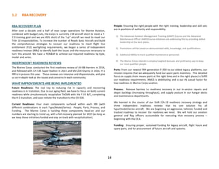 1.2 RBA RECOVERY
14
RBA RECOVERY PLAN
After over a decade and a half of near surge operations for Marine Aviation,
combined with budget cuts, the Corps is currently 159 aircraft short to meet a T-
2.0 training goal and we are 45% short of the “up” aircraft we need to meet our
Title 10 responsibilities. To increase the number of Ready Basic Aircraft and build
the comprehensive strategies to recover our readiness to meet flight line
entitlement (FLE) warfighting requirements, we began a series of independent
readiness reviews (IRRs) to identify both the issues and the resources necessary to
turn this around. We have a POA&M to achieve our required readiness by type,
model and series.
INDEPENDENT READINESS REVIEWS
The Marine Corps conducted the first readiness review of AV-8B Harriers in 2014,
and followed with CH-53E Super Stallion in 2015 and MV-22B Osprey in 2016. H-1
IRR is in process this year. These reviews are intensive and dispassionate, and give
us an in-depth look at the issues and concerns in each community.
WHAT IMPROVEMENTS ARE BEING IMPLEMENTED
Future Readiness: The real key to reducing risk in capacity and recovering
readiness is in transition. Due to our aging fleet, we have to focus on both current
readiness while simultaneously recapitalize TACAIR with the F-35 B/C, completing
the H-1 transition, and soon initiate the transition to the CH-53K.
Current Readiness: Four main components surfaced within each IRR (with
different combinations in each Type/Model/Series): People, Parts, Process, and
Funding. The Marine Corps is tackling these components head-on and our
numbers are starting to trend up, with a full recovery planned for 2019 (as long as
we keep these initiatives funded and stay on track with recapitalization).
People: Ensuring the right people with the right training, leadership and skill sets
are in positions of authority and responsibility.
1) The Advanced Aviation Management Training (AAMT) Course and the Advanced
Maintenance Officer (AMO)Course initiatives are addressing this by providing skilled
leadership at the deck plates.
2) Promotions will be based on demonstrated skills, knowledge, and qualifications.
3) Additional MOSs to track qualified maintenance personnel.
4) The Marine Corps intends to employ targeted bonuses and proficiency pay to keep
our most qualified people.
Parts: From our newest fifth generation F-35B to our oldest legacy platforms, our
mission requires that we adequately fund our spare parts inventory. This detailed
focus on supply chain means parts at the right time and in the right places to fulfill
our readiness requirements. NMCS is debilitating and is our #1 casual factor for
low readiness in Marine Corps aviation.
Process: Remove barriers to readiness recovery in our in-service repairs and
depot backlogs (increasing throughput), and supply posture in our hangar decks
and maintenance departments.
We learned in the course of our DoN F/A-18 readiness recovery strategy and
three independent readiness reviews that no one solution fits all
type/model/series aircraft. We are beginning an aggressive, tailored, funded and
tracked roadmap to recover the readiness we need. We will hold our aviation
general and flag officers accountable for executing that recovery process –
beginning with the DCA.
Funding: Ensuring proper, sustained funding for legacy aircraft, flight hours and
spare parts, and for procurement of future aircraft and systems.
 