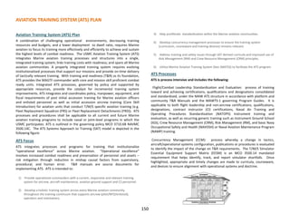 AVIATION TRAINING SYSTEM (ATS) PLAN
150
Aviation Training System (ATS) Plan
A combination of challenging operational environments, decreasing training
resources and budgets, and a lower deployment to dwell ratio, requires Marine
aviation to focus its training more effectively and efficiently to achieve and sustain
the highest levels of combat readiness. The USMC Aviation Training System (ATS)
integrates Marine aviation training processes and structures into a single,
integrated training system; links training costs with readiness; and spans all Marine
aviation communities. A properly integrated training system requires evolving
institutionalized processes that support our missions and provide on-time delivery
of tactically relevant training. With training and readiness (T&R) as its foundation,
ATS provides the MAGTF commander with core and mission skill proficient combat
ready units. Integrated ATS processes, governed by policy and supported by
appropriate resources, provide the catalyst for incremental training system
improvements. ATS integrates and coordinates policy, manpower, equipment, and
fiscal requirements of post initial accession training for Marine aviation officers
and enlisted personnel as well as initial accession aircrew training (Core Skill
Introduction) for aviation units that conduct T/M/S specific aviation training (e.g.
Fleet Replacement Squadron (FRS) or Fleet Replacement Detachments (FRD)). ATS
processes and procedures shall be applicable to all current and future Marine
aviation training programs to include naval or joint-level programs in which the
USMC participates. ATS is outlined in the governing policy MCO 3710.6B NAVMC
3500.14C. The ATS Systems Approach to Training (SAT) model is depicted in the
following figure:
ATS Focus
ATS integrates processes and programs for training that institutionalize
“operational excellence” across Marine aviation. “Operational excellence”
involves increased combat readiness and preservation of personnel and assets –
risk mitigation through reduction in mishap causal factors from supervisory,
procedural, and human error. T&R manuals are source documents for
implementing ATS. ATS is intended to:
1) Provide operational commanders with a current, responsive and relevant training
system for aircrew, aircraft maintenance, aviation ground support and C2 personnel.
2) Develop a holistic training system across every Marine aviation community
throughout the training continuum that supports aircrew (pilot/NFO/enlisted),
operators and maintainers.
3) Help proliferate standardization within the Marine aviation communities.
4) Develop concurrency management processes to ensure the training system
(curriculum, courseware and training devices) remains relevant.
5) Address training and safety issues through SAT derived curricula and improved use of
Risk Management (RM) and Crew Resource Management (CRM) principles.
6) Utilize Marine Aviation Training System Sites (MATSS) to facilitate the ATS program.
ATS Processes
ATS is process intensive and includes the following:
Flight/Combat Leadership Standardization and Evaluation: process of training
toward and achieving certifications, qualifications and designations consolidated
and standardized, under the MAW ATS structure in accordance with platform and
community T&R Manuals and the MAWTS-1 governing Program Guides. It is
applicable to both flight leadership and non-aircrew certifications, qualifications,
designations, contract instructor (CI) certifications, Naval Air Training and
Operating Procedures Standardization (NATOPS) Instrument training and
evaluation, as well as recurring generic training such as Instrument Ground School
(IGS), Crew Resource Management (CRM), Risk Management (RM), and basic Navy
Occupational Safety and Health (NAVOSH) or Naval Aviation Maintenance Program
(NAMP) training.
Concurrency Management (CCM): process whereby a change in tactics,
aircraft/operational systems configuration, publications or procedures is evaluated
to identify the impact of the change on T&R requirements. The T/M/S Simulator
Essential Equipment Support Matrix (EESM) is an MCO 3500.14 mandated
requirement that helps identify, track, and report simulator shortfalls. Once
highlighted, appropriate and timely changes are made to curricula, courseware,
and devices to ensure alignment with operational systems and doctrine.
RESOURCESRESOURCES
RISK
MITIGATION
 ORM
 CRM
 RRM
STAN
&EVAL
TRNG
MGMNT
 Cert/Desig/Qual
− FLSE
− Cmbt Ldr
− NATOPS / Inst
 TSC
 CCM
 MTT
 Trng Req’ts
− TMP / ATS IG
− TTF / OAG
 Trng Info
(Web-based)
− TMS
− LMS
LEARNINGLEARNING
ENVIRONMENTENVIRONMENT
- Instructor-led
- Computer Aided
Instruction (CAI)
- Self-paced
- Computer Based
Training (CBT)
- Web-accessed
- Publications
LIVELIVE
TRAININGTRAINING
ENVIRONMENTENVIRONMENT
- Aircraft
- Vehicles
- Operational Equipment
- Ranges
VIRTUALVIRTUAL
TRAININGTRAINING
ENVIRONMENTENVIRONMENT
- Part Task Trainers
- Full Flight Simulator
- Distributed Mission
Operations (DMO)
CONSTRUCTIVECONSTRUCTIVE
TRAININGTRAINING
ENVIRONMENTENVIRONMENT
- Scenario-based
Training
- Mission Task Trainer
MAW ATS / MATSS
HQMC/SUPPORT
ESTABLISHMENT
ACQUISITIONS
GOVERNINGGOVERNING
DOCTRINE, POLICIES & DIRECTIVESDOCTRINE, POLICIES & DIRECTIVES
TRAINING & READINESS PROGRAMTRAINING & READINESS PROGRAM
(SAT DERIVED CURRICULUM)
RESOURCESRESOURCES
RISK
MITIGATION
 ORM
 CRM
 RRM
STAN
&EVAL
TRNG
MGMNT
 Cert/Desig/Qual
− FLSE
− Cmbt Ldr
− NATOPS / Inst
 TSC
 CCM
 MTT
 Trng Req’ts
− TMP / ATS IG
− TTF / OAG
 Trng Info
(Web-based)
− TMS
− LMS
LEARNINGLEARNING
ENVIRONMENTENVIRONMENT
- Instructor-led
- Computer Aided
Instruction (CAI)
- Self-paced
- Computer Based
Training (CBT)
- Web-accessed
- Publications
LIVELIVE
TRAININGTRAINING
ENVIRONMENTENVIRONMENT
- Aircraft
- Vehicles
- Operational Equipment
- Ranges
VIRTUALVIRTUAL
TRAININGTRAINING
ENVIRONMENTENVIRONMENT
- Part Task Trainers
- Full Flight Simulator
- Distributed Mission
Operations (DMO)
CONSTRUCTIVECONSTRUCTIVE
TRAININGTRAINING
ENVIRONMENTENVIRONMENT
- Scenario-based
Training
- Mission Task Trainer
MAW ATS / MATSS
HQMC/SUPPORT
ESTABLISHMENT
ACQUISITIONS
GOVERNINGGOVERNING
DOCTRINE, POLICIES & DIRECTIVESDOCTRINE, POLICIES & DIRECTIVES
TRAINING & READINESS PROGRAMTRAINING & READINESS PROGRAM
(SAT DERIVED CURRICULUM)
 