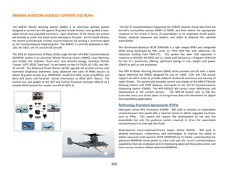 MARINE AVIATION ASSAULT SUPPORT ASE PLAN
163
The AAR-47 Missile Warning System (MWS) is an electronic warfare system
designed to protect aircraft against IR guided missile threats, laser-guided / laser-
aided threats and unguided munitions. Upon detection of the threat, the system
will provide as audio and visual sector warning to the pilot. For IR missile threats,
the system automatically initiates countermeasures by sending a command signal
to the Countermeasure Dispensing Set. The AAR-47 is currently deployed on MV-
22B, AH-1W/Z, UH-1Y, and CH-53E aircraft
The AAQ-24 Department of Navy (DoN) Large Aircraft Infra-Red Countermeasure
(DAIRCM) system is an advanced Missile Warning System (MWS), Laser Warning,
and Hostile Fire Indicator “front end” and directed energy, Guardian Pointer
Tracker (GPT) IRCM “back end”, to be fielded on the CH-53E/K, KC-130J, and MV-
22 aircraft. The Advanced Threat Warner (ATW) upgrade will provide aircrew with
improved situational awareness using advanced two color IR MWS sensors to
detect IR guided missiles (e.g. MANPADS), hostile fire (AAA, small arms/RPGs), and
Band A/B lasers and hand-off threat information to IRCM (GPT, flares.) The
current size and weight of the GPT and Central Processor excludes AAQ-24 as a
suitable IRCM solution for smaller aircraft (H-60/H-1).
The ALE-47 Countermeasure Dispensing Set (CMDS) receives threat data from the
aircraft’s survivability sensors (MWS or RWR), and then selects the appropriate
response to the threat in terms of expendables to be employed (Chaff and/or
Flares), dispersal sequence and pattern, and when to dispense the selected
expendables
The Distributed Aperture IRCM (DAIRCM) is a light weight MWS and integrated
IRCM being developed by NRL under an FY04 ONR FNC with additional risk
reduction funding from PMA-272. This system has been OSD approved in
response to JUUONS SO-0010 and is a viable path forward as a Program of Record
for the H-1 community offering significant savings in size, weight and power
(SWaP) as well as cost avoidance.
The APR-39 Radar Warning Receiver (RWR) series provides aircraft with a Radar
Signal Detecting Set (RSDS) designed for use on USMC, USN, and USA assault
support aircraft in order to provide onboard situational awareness and warning of
radar threats. The system also provides control and display of the AAR-47 Missile
Warning System and Chaff dispense commands to the ALE-47 Countermeasure
Dispensing System (CMDS). The APR-39D(V)2 will correct major deficiencies and
obsolescence in the current version. The APR-39 System acts as EW Bus
Controller and is one of the pillars to fusing threat data and information for Digital
Interoperability applicability.
Technology Transition Agreements (TTA’s)
Helicopter Active RPG Protection (HARP): Will seek to develop an expendable
countermeasure that would offer a hard kill system to defeat unguided munitions
such as RPGs. This system will require the development of not only the
expendable but also the guidance system required to drive the expendable
countermeasure to intercept the threat
Multi-Spectral Electro-Optical/Infrared Seeker Defeat (MSSD): Will seek to
develop techniques, components, and technologies to improve the ability to
defeat advanced multi-spectral EO/IR MANPADS by (1) better understanding the
advanced MANPAD threat posed to rotor-craft and the current countermeasure
capabilities that are employed and (2) developing advanced flares/obscurants and
laser sources to better defeat advanced MANPADs
 