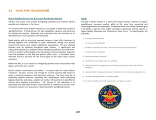 Naval Aviation Enterprise & Current Readiness Mission
Advance and sustain naval aviation warfighting capabilities and readiness at best
possible cost...today and in the future.
The mission of the naval aviation enterprise is unchanged: to keep naval aviation a
warfighting force. It brings to bear the right capabilities, capacity, and wholeness
for fighting and winning. Advancing and sustaining these core functions at an
affordable cost is smart, prudent, and responsible.
Naval aviation with an enterprise approach ensures a team effort dedicated to
working together and committed to open information sharing and process
improvement across naval aviation stakeholder organizations. This way of doing
business must be ingrained throughout naval aviation. It significantly and
measurably improves our ability to deliver warfighting readiness more efficiently.
It leads to a better understanding of our operational costs and readiness degraders
from the deckplate to the flag and general officer level. It facilitates better
informed resource decisions for the overall good of the entire naval aviation
enterprise.
Within the NAE, it is our mission to intelligently optimize those resources to meet
today’s and tomorrow’s threats.
Marine aviation commanders and leaders – in concert with the naval aviation
enterprise – will plan, execute, and manage the current readiness (CR) process in
order to maximize equipment and personnel readiness. The focus must be on
optimizing material resource allocations and expenditures while minimizing
logistics downtime and delays. Leaders will conduct CR operations to align Marine
aviation with enabling organizations. The purpose of this alignment is to
predictably and effectively achieve required levels of readiness to produce core
competent aviation units (squadrons / detachments) for warfighting missions
Goals
The goal of Marine aviation is to attain and maintain combat readiness to support
expeditionary maneuver warfare while at the same time preserving and
conserving Marines and equipment. Embedded within this combat readiness goal
is the ability to plan for crises and/or contingency operations, and the capacity to
deploy rapidly, effectively, and efficiently on short notice. The specific goals are
as follows:
1) Increase aircraft readiness
• Increase aircraft availability
• Increase in-reporting (IR) rates / Decrease out-of-reporting (OOR) rates
• Increase depot throughput
2) Reduce workload on Marines
3) Understand and manage costs and schedule
4) Extend service life for legacy aircraft / achieve programmed service life for new
platforms
5) Improve health of organizational and intermediate level maintenance departments
6) Increase sortie generation and combat power
7) Increase reliability of aircraft, components, and logistics process
3.5 NAVAL AVIATION ENTERPRISE
204
 