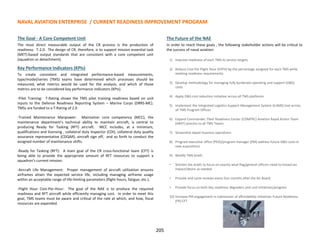NAVAL AVIATION ENTERPRISE / CURRENT READINESS IMPROVEMENT PROGRAM
205
The Goal - A Core Competent Unit
The most direct measurable output of the CR process is the production of
readiness: T-2.0. The design of CR, therefore, is to support mission essential task
(MET)-based output standards that are consistent with a core competent unit
(squadron or detachment).
Key Performance Indicators (KPIs)
To create consistent and integrated performance-based measurements,
type/model/series (TMS) teams have determined which processes should be
measured, what metrics would be used for the analysis, and which of those
metrics are to be considered key performance indicators (KPIs).
-Pilot Training: T-Rating shows the TMS pilot training readiness based on unit
inputs to the Defense Readiness Reporting System – Marine Corps (DRRS-MC).
TMSs are funded to a T-Rating of 2.0
-Trained Maintenance Manpower: Maintainer core competency (MCC), the
maintenance department’s technical ability to maintain aircraft, is central to
producing Ready for Tasking (RFT) aircraft. MCC includes, at a minimum,
qualifications and licensing , collateral duty inspector (CDI), collateral duty quality
assurance representative (CDQAR), aircraft sign off, and so forth to conduct the
assigned number of maintenance shifts.
-Ready for Tasking (RFT): A main goal of the CR cross-functional team (CFT) is
being able to provide the appropriate amount of RFT resources to support a
squadron’s current mission.
-Aircraft Life Management: Proper management of aircraft utilization ensures
airframes attain the expected service life, including managing airframe usage
within an acceptable range of life-limiting parameters (flight hours, fatigue, etc.).
-Flight Hour Cost-Per-Hour: The goal of the NAE is to produce the required
readiness and RFT aircraft while efficiently managing cost. In order to meet this
goal, TMS teams must be aware and critical of the rate at which, and how, fiscal
resources are expended.
The Future of the NAE
In order to reach these goals , the following stakeholder actions will be critical to
the success of naval aviation:
1) Improve readiness of each TMS to service targets
2) Reduce Cost Per Flight Hour (CPFH) by the percentage assigned for each TMS while
meeting readiness requirements
3) Develop methodology for managing fully burdened operating and support (O&S)
costs
4) Apply O&S cost reduction initiative across all TMS platforms
5) Implement the Integrated Logistics Support Management System (ILSMS) tool across
all TMS Program Offices
6) Expand Commander, Fleet Readiness Center (COMFRC) Aviation Rapid Action Team
(ARAT) process to all TMS Teams
7) Streamline depot business operations
8) Program executive office (PEO)/program manager (PM) address future O&S costs in
new acquisitions
9) Modify TMS briefs
• Shorten the briefs to focus on exactly what flag/general officers need to know/can
impact/desire as needed
• Provide mid-cycle reviews every four months after the Air Board
• Provide focus on both key readiness degraders and cost initiatives/progress
10) Increase PM engagement in submission of affordability initiatives Future Readiness
(FR) CFT
 