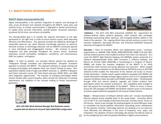 MEU Construct
2.1 MAGTF DIGITAL INTEROPERABILITY
21
MAGTF Digital Interoperability (DI)
Digital interoperability is the seamless integration of systems and exchange of
data, across all domains and networks throughout the MAGTF, naval, joint, and
coalition forces, to include communication in degraded or denied environments,
to rapidly share accurate information, provide greater situational awareness,
accelerate the kill chain, and enhance survivability.
The interoperability goal is to provide the required information to the right
participants at the right time, in order to ensure mission success, while improving
efficiency and effectiveness. This approach provides the additional advantage of
responsible spectrum use, which becomes increasingly important as spectrum
demands increase, as technology advances, and our MAGTFs continually operate
in more distributed and disaggregated manners. We continue to pursue
integration and data exchange throughout the various arenas: situational
awareness; aircraft survivability; intelligence, surveillance, and reconnaissance
(ISR); fire support; and logistics.
Vison – In order to validate our concepts, Marine aviation has adopted an
“integration through innovation and experimentation” disruptive innovation
approach to enhance the MAGTF. This approach attempts to couple existing and
emerging technologies and integrate them into mission threads to assess their
operational viability inside of large scale MAGTF exercises i.e., MAWTS-1 Weapons
and Tactics Instructor course, IOC Talon Reach exercises, MCWL MIX’s, and VMX
early integration opportunities. The inclusion of emerging technologies within
mission threads offers several benefits, which include the refinement of existing
requirements and validation of the concepts leading to formal requirements
generation.
2015 15th MEU Mesh Network Manager Risk Reduction system
coupled with the Marine Air Ground Tablet (MAGTAB) configuration
Validation – The 2015 15th MEU assessment solidified the requirement for
software-defined radios, airborne gateways, mesh network data exchanges
facilitating maneuvering within spectrum, and encrypted wireless tablets in the
hands of the operator. The ongoing efforts have and will continue to assist in the
seamless integration, decreased kill-chain, and enhanced battlefield situational
awareness throughout the MAGTF.
Execution – Years of innovative efforts and collaborations across numerous
organizations i.e., NAVAIR, CD&I, MCWL, MARCORSYSCOM, HQMC C4 & Intel, NRL,
and key industry partners have enabled transition from vision into execution. As a
result the MAGTF Agile Network Gateway Link (MANGL) system comprised of a
Software Reprogrammable Radio (SRP) Increment 2, Airborne Gateway, and
Marine Air Ground Tablet (MAGTAB) is transitioning to a Program of Record.
MANGL will enable the seamless integration of the MAGTF in an A2AD
environment while enroute and during objective area execution. When coupled
with systems such as Network on the Move Airborne (NOTM-A) access to SATCOM
networks further enables the robustness of the network and access to mission
thread information. Initially assault support platforms equipped with MANGL will
enable information exchange amongst legacy systems such as H-1s equipped with
onboard Full Motion Video and walk on/off ANW2 network radios. TACAIR growth
through LPOD and internal platform upgrades will further enhance their
participation within the network architecture. JSF’s capabilities when brought to
bear will expand the interoperability of the MAGTF. Efforts to ensure a future
Group 4/5 UAS equipped with MANGL will facilitate network access in the absence
of assault support platforms equipped for the Ground Combat Element.
Future – Miniaturization of Software defined radios will increase disembarked
Marines network access available down to the squad leader. Innovative efforts
such as NET-T AJ, Low Probably of Detection/Intercept, and data clouds remain on
the horizon. Sensor fusion through the existing program of record Minotaur seeks
to consolidate the shared platform information automating sensor collaboration
for the operator interface. Technology advances are allowing us to use spectrum
more efficiently and effectively in the areas of frequency, time, space, and
modulation. The adoption of future technology will position the Marine Corps to
be the warfighting force with the greatest flexibility in digital communications.
 