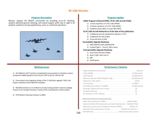 236
Mission: Support the MAGTF commander by providing air-to-air refueling,
aviation delivered ground refueling, and assault support airlift, day or night in all
weather conditions during expeditionary, joint, or combined operations.
Program Description Program Update
Working Issues Performance / Systems
1) 4th MAW KC-130J Transition: Accelerated KJ procurement to transition reserve
component VMGR squadrons from the KC-130T to the KC-130J aircraft
2) Procurement and integration delays of the C-130J block upgrade 7.0/8.1 will
impact compliance with CNS/ATM mandates.
3) MILCON transition to an all Marine aircrew training solution requires Fuselage
Trainers (FuT), Cockpit Procedure Trainers (CPT), and Observer Trainers (ObsT).
4) PFPS Mission Planning transition to JMPS.
USMC Program of Record (POR): 79 KC-130J aircraft (TOAI)
1) 3 active squadrons of 15 KC-130Js (PMAI)
2) 2 reserve squadrons of 12 KC-130Js (PMAI)
3) 9 pipeline assets (BAI), (1) asset T&E (PDAI)
52 KC-130J aircraft delivered as of the date of this publication.
1) 1 additional aircraft scheduled for delivery in FY17
2) 4 additional aircraft funded
3) 24 aircraft short of POR
Survivability Upgrade Roadmap:
1) AAQ-24B(V)25 DoN LAIRCM/ATW
2) Intrepid Tiger II : final fit, UNS in work
Interoperability Upgrade Roadmap:
1) Dual Vortex (Harvest HAWK)
2) Block 7.0/8.1 with Link 16
3) SRP
4) EO/IR Sensor
Range (20,000-pound Payload) . . . . . . . . . . . . . . . . . . . . . . . . . . . . . . . . . . . . 3,250 nm
Empty Weight . . . . . . . . . . . . . . . . . . . . . . . . . . . . . . . . . . . . . . . . . . . . . 91,000 pounds
Fuel Capacity . . . . . . . . . . . . . . . . . . . . . . . . . . . . . . . . . . . . . . . . . . . . . .58,500 pounds
Maximum Normal Takeoff Weight (2.0g). . . . . . . . . . . . . . . . . . . . . . . 164,000 pounds
Maximum Cruise Speed . . . . . . . . . . . . . . . . . . . . . . . . . . . . . . . . . . . . . . . . 320 kts
Cruise Ceiling . . . . . . . . . . . . . . . . . . . . . . . . . . . . . . . . . . . . . . . . . . . . . . .25,000 ft
Fuel Offload @ 1200nm / 20,000 ft . . . . . . . . . . . . . . . . . . . . . . . . . . . . 30,000 pounds
Passenger Capacity (Ground Troops) . . . . . . . . . . . . . . . . . . . . . . . . . . . . . . 92
Paratroop Capacity . . . . . . . . . . . . . . . . . . . . . . . . . . . . . . . . . . . . . . . . . . . . . 64
Air Ambulance Litter Capacity . . . . . . . . . . . . . . . . . . . . . . . . . . . . . . . . . . . . 74
Defensive Electronic Countermeasures:
Radar Warning Receiver (RWR) . . . . . . . . . . . . . . . . . . . . . . . . . .AN/ALR-56M
Advanced Missile Warning System and Laser Detecting Set .. AN/AAR-47(V)2
Advanced Countermeasure Dispenser System (CMDS) . . . . . . . . . AN/ALE-47
Advanced IR Countermeasure System . . . . . . . . . . . . . AN/ALQ-157 version 2
SATCOM BLOS………………………………………………………Hatchmount KuSS antenna
KC-130J Hercules
 