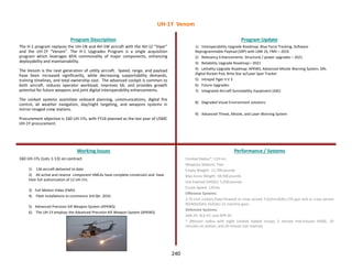 240
The H-1 program replaces the UH-1N and AH-1W aircraft with the AH-1Z “Viper”
and the UH-1Y “Venom”. The H-1 Upgrades Program is a single acquisition
program which leverages 85% commonality of major components, enhancing
deployability and maintainability.
The Venom is the next generation of utility aircraft. Speed, range, and payload
have been increased significantly, while decreasing supportability demands,
training timelines, and total ownership cost. The advanced cockpit is common to
both aircraft, reduces operator workload, improves SA, and provides growth
potential for future weapons and joint digital interoperability enhancements.
The cockpit systems assimilate onboard planning, communications, digital fire
control, all weather navigation, day/night targeting, and weapons systems in
mirror-imaged crew stations.
Procurement objective is 160 UH-1Ys, with FY16 planned as the last year of USMC
UH-1Y procurement.
Program Description Program Update
Working Issues Performance / Systems
160 UH-1Ys (Lots 1-13) on contract
1) 136 aircraft delivered to date
2) All active and reserve component HMLAs have complete conversion and have
their full authorization of 12 UH-1Ys.
3) Full Motion Video (FMV)
4) Fleet Installations to commence 3rd Qtr. 2016
5) Advanced Precision Kill Weapon System (APKWS)
6) The UH-1Y employs the Advanced Precision Kill Weapon System (APKWS)
1) Interoperability Upgrade Roadmap: Blue Force Tracking, Software
Reprogrammable Payload (SRP) with LINK 16, FMV – 2016
2) Relevancy Enhancements: Structural / power upgrades – 2021
3) Reliability Upgrade Roadmap:– 2021
4) Lethality Upgrade Roadmap: APKWS, Advanced Missile Warning System, DRL
Digital Rocket Pod, Brite Star w/Laser Spot Tracker
5) Intrepid Tiger II V 3
6) Future Upgrades:
7) Integrated Aircraft Survivability Equipment (ASE)
8) Degraded Visual Environment solutions
9) Advanced Threat, Missile, and Laser Warning System
Combat Radius*: 119 nm
Weapons Stations: Two
Empty Weight: 11,700 pounds
Max Gross Weight: 18,500 pounds
Use Payload (HOGE): 5,930 pounds
Cruise Speed: 139 kts
Offensive Systems:
2.75-inch rockets,fixed forward or crew served 7.62mm/GAU-17A gun and or crew served
M240D/GAU-16/GAU-21 machine guns
Defensive Systems:
AAR-47, ALE-47, and APR-39
* (Mission radius with eight combat loaded troops, 5 minute mid-mission HOGE, 10
minutes on station, and 20 minute fuel reserve)
UH-1Y Venom
 
