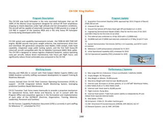 244
The CH-53K new build helicopter is the only marinized helicopter that can lift
100% of the Marine Corps equipment designed for vertical lift from amphibious
shipping to inland objectives under high altitude and hot atmospheric conditions.
The aircraft will be capable of externally transporting 27,000 pounds to a range of
110 NM in support of the baseline MEB and is the only heavy lift helicopter
currently being developed within DoD.
CH-53K system and capability improvements include : the T408-GE-400 7500 SHP
engine, 88,000 pounds max gross weight airborne, low maintenance drive train
and rotorhead, 4th generation composite rotor blades, CAAS cockpit, triple hook
capability, integrated cargo pallet locking system, and the first DoD heavy-lift
rotorcraft aircraft compatible with the Air Mobility Command (AMC) 463L pallet.
The CH-53K is designed to reduce logistics shipboard footprint, reduce operating
costs per aircraft, reduce direct maintenance man hours per flight hours, and
significantly reduce threat vulnerable area compared to the CH-53E.
Program Description Program Update
Working Issues Performance / Systems
Sikorsky and PMA-261 in concert with Fleet Subject Matter Experts (SMEs) and
HQMC Aviation currently staffing courseware development to support Training &
Readiness Manuals
Lessons learned from CH-53E Fleet Common Operating Environment (FCOE) to
support CH-53K Integrated Vehicle Health Monitoring System, leveraging
predictive Condition Based Maintenance
CH-53 Transition Task Force meets biannually to provide a proactive mechanism
for operational forces, both Active and Reserve, to act in concert with the
Program Office and acquisition agencies in the formulation and implementation
of each pillar of the DOTMLPF (Doctrine, Organization, Training, Material,
Leadership, Personnel and Facilities)
On the horizon: Capability Production Document (CPD) is currently in joint staffing
for Milestone “C”, scheduled for FY17
1) Acquisition Procurement Baseline (APB) approved Apr 2013, Program of Record
(POR) 200 aircraft
2) Entered DT Dec 2013
3) Ground Test Vehicle (GTV) Bare Head Light Off and bladed turn in 2014.
4) Engineering Demonstration Model (EDM) 1 flew for the first time 27 Oct 2015
and EDM 3 flew for the first time 22 Jan 2016.
5) First external was conducted on 19 Apr 2016 with a 12,000lb load.
6) 20,000lb load and 27,000lb load externals conducted on 27 May 16 and 17 June
16.
7) System Demonstration Test Articles (SDTAs) 1-4 in assembly, and SDTA 5 and 6
on contract
8) Milestone C (LRIP authorization) scheduled for FY 2017
9) Initial Operational Capability (IOC) scheduled for 2019
10) Full Operational Capability (FOC) scheduled for 2029
1) Max range 454 nm; Endurance: 4 hours (unrefueled) / indefinite (HAAR)
2) Empty Weight: 43,750 pounds
3) Max Weight on Wheels: 74,000 pounds
4) Max Gross Weight with External load: 88,000 pounds
5) Internal Load: 30 troops or 24 litter patients, or 12 x 40”x48” Warehouse Pallets,
2 x 463L Pallets (Full) or 5 x 463L Pallets (Half)
6) External Load: Hook rated to 36,000 pounds
7) Flight Controls: Fly-by-Wire
8) External Hook system: Triple hook system (ability to independently lift and
release three separate external loads)
9) Max Speed: 170 kts
10) Armament: 3 GAU-21 .50 caliber machine guns
11) ASE: Directional IR Countermeasures (DIRCM), APR-39(C)V2, ALE-47
12) Network Systems: Link 16, VMF, SATCOM
CH-53K King Stallion
 