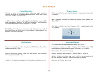 Primarily an aerial reconnaissance system supporting target acquisition,
command & control and battlespace awareness support to the MEB or MEU
commander and their subordinate units.
In 2005, the Marine Requirements Oversight Council validated an urgent need for
aerial reconnaissance support to the MEB/MEU level MAGTF. Source selection
completed in 4th Qtr FY10 and Insitu Integrator was selected.
Each VMU squadron will possess nine systems with each system comprised of
five air vehicles and two ground control stations. Capable of operating ashore and
from ships in support of MEU/ARG.
Program Description Program Update
Working Issues System Specifications
System is currently being fielded throughout all CONUS Active Duty VMUs;
completion projected in FY-22.
Core Skill Introduction Training (1000 level) will transition from contractor
instructors (Insitu) to USMC in 2017.
In 2020, the Fleet Replacement Squadron will be stood up at MCAS Cherry Point.
VMU-2 currently has five systems and is deploying in support of East Coast MEUs
and MARSOC.
VMU-1 received its first system in 2016 and will deploy in support of West Coast
MEUs in 2017.
After VMU-1 and VMU-2 are FOC at 9 systems, VMU-3 and VMU-4 will receive
RQ-21 systems.
RQ-21 is a rail-launched, Sky Hook Recovery System (SRS) aircraft.
5 aircraft, one launcher, one SRS, 2 Integrated Trailer-ECU-Generator (ITEG)
associated support equipment and 4 HMMVS constitute (1) RQ-21A system
Combat radius – 50 nm (control envelope)
Extended operational range (employing a “hub and spoke”) is 50-100 nm
Payload – EO/IR/IR Marker/Laser range finder; with future payload capabilities of
EW, Laser designator, SAR, GMTI. 25lb useful load (fuel and payload)
Automated Identification System (AIS)
RQ-21 Blackjack
248
 