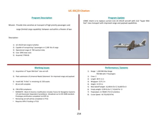 254
Mission: Provide time sensitive air transport of high priority passengers and
cargo (limited cargo capability) between and within a theater of war.
Description:
1) UC-35C/D twin engine turbofan
2) Capable of transporting 7 passengers or 1,500 lbs of cargo
3) Operational range of 700 nautical miles
4) Cost: $9M (new cost)
5) Acquired: FY98-06
Program Description Program Update
Working Issues Performance / Systems
1) Acquisition of “Super Mid-Size” class aircraft
2) Fleet submission of Universal Needs Statement for improved range and payload
3) Install ASE “A-Kits” in remaining UC-35D assets
• (8) aircraft complete
4) CNS-ATM compliance
• MANDATE: Block III Avionics modification includes Future Air Navigation Systems
1/A and Automatic Dependent Surveillance –Broadcast out to DO 260B standard.
Prototype certification completed 1st QTR 16
• Remaining aircraft will be completed in FY16
• Requires APN-5 funding in FY16
USMC intent is to replace current (12) UC-35C/D aircraft with (12) “Super Mid-
Size” class transport with improved range and payload capabilities.
1) Range: 1,300 NM Max Range
700 NM with 7 Passengers
1) Crew: 2
2) Length: 48 ft 11 in
3) Wingspan: 52 ft 2 in
4) Height: 15 ft 0 in
5) Max takeoff weight: 16,300 lb for C/ 16,830 for D
6) Empty weight: 9,395 lb for C / 10,642 for D
7) Powerplant: 2× P&WC JT15-D turbofans
8) Cruise Speed: M.755/420 KTAS
UC-35C/D Citation
 