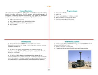 The Composite Tracking Network (CTN) system will distribute composite tracking
data to Command and Control (C2) and weapon systems participating in a
Cooperative Engagement Capability (CEC) network. The system will significantly
contribute to real-time situational awareness and high fidelity track data.
1) ACAT III designation in Nov 01
2) MDA: Program Executive Office, Land Systems-1 Feb 12
3) USMC led with US Navy and US Army cooperation
4) AAO: 10 systems
Program Description Program Update
Working Issues Performance / Systems
1) Money put back into the CTN POM to support CAB-E array antenna
development, procurement and fielding in 2017 through 2019 will ensure continued
connectivity with Navy CEC.
2) The NIFC-CA Flag Steering Committee (FSC) was briefed on CTN/TPS-80
operational concepts. The NIFC-CA FSC is exploring how to best include CTN & TPS-
80 into NIFC-CA concepts.
3) TPS-80, CTN & CAC2S need ECPs to ensure the correct message sets are
communicated throughout all three systems IOT use TPS-80 as a target provider for
Navy & Marine Corps IFC kill chains. These ECPs are expected to be low cost and low
risk. Industry & PEO LS currently establishing time/cost estimates for these ECPs.
1) MS C Decision (Oct 08)
2) FOC: FY 16
3) Fielded to MACS-1,2,4, 24, MCTSSA and MCCES
4) AAO revised from 25 to 10 (Jan 24th, 2014)
5) CAB-E Array replacing the CSSA antenna
1) System supports WTI & CAC2S/GATOR testing – Can establish CTN/CEC network
between E-2C, TPS-59 and TPS-80
2) Fielding : 10 systems – Currently FOC
3) CTN will have two-way data transmission once CAC2S phase II is fielded
CTN
259
 