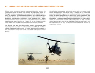 Aviation military construction (MILCON) projects are essential to achieving the
Commandant’s vision for Marine Corps aviation. MILCON projects enable IOC
fielding for introducing new weapon systems, such as the CH-53K, RQ-21A, and F-
35B to the operational forces and training commands. MILCON designs will focus
on flexibility of use to allow new weapon systems, squadron relocations, and re-
designations to serve MAGTF requirements as they evolve over time. Marine
Corps aviation’s new weapon systems have a much greater range and more robust
capabilities than legacy platforms. As a result, the use of air station facilities,
ranges, and air space may differ to accommodate these enhanced capabilities.
The MILCON, DPRI, and host nation projects listed in the following tables
represent projects required for the realization of the current AVPLAN, air safety or
required to address some deficiencies. The project tables represent a snapshot in
time, are subject to change and include pure AVPLAN and regular air station
projects.
Marine Corps air stations and air facilities must remain viable in the future. Where
possible, existing physical assets will be used as a bridge to the full funding and
construction of MILCON programs. The introduction of F-35B and other weapon
systems will require additional MILCON resources to ensure programmatic and
operational risk to both Marine Corps aviation and the Marine Corps as a whole
are mitigated. Consequently, Marine aviation has planned MILCON projects which
validate the commitment to establish a JSF capability within the MEFs as per the
TACAIR Transition Plan. Some risk can be accepted in order to move forward with
the modernization of the force, but the resources must eventually be found to
recapitalize air stations.
4.2 MARINE CORPS AIR STATION FACILITIES AND MILITARY CONSTRUCTION PLAN
268
 