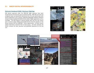 27
2.1 MAGTF DIGITAL INTEROPERABILITY
Electronic Kneeboard (EKB) / Electronic Flight Bag
EKB devices approved under the PMA-281 flight clearance have been
introduced over the past two years in limited quantity. PMA-281 procured and
configured assets are planned for distribution over the next several years with
tactical applications such as Kinetic Integrated Lightweight Software Individual
Tactical Combat Handheld (KILSWITCH) and safety of flight applications such as
ForeFlight. The EKB Program of Record growth path over the next several
years is slated to begin fielding networkable devices that will capitalize on the
lessons learned from the MAGTAB. Future opportunities to infuse mission
related information extracted from aircraft sensors and data networks will
further enhance kill chain execution and battlefield awareness for the end
user.
 