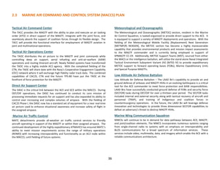 2.3 MARINE AIR COMMAND AND CONTROL SYSTEM (MACCS) PLAN
Tactical Air Command Center
The TACC provides the MAGTF with the ability to plan and execute an air tasking
order (ATO) in direct support of the MAGTF, integrate with the joint force, and
seamlessly absorb the support of coalition forces through its flexible design. The
TACC will provide the functional interface for employment of MAGTF aviation in
joint and multinational operations.
Tactical Air Operations Center
The TAOC distributes the air picture to the MAGTF and joint commands while
controlling deep air support, aerial refueling and anti-air-warfare (AAW)
operations and routing itinerant aircraft. Newly fielded systems have transformed
the TAOC into a highly mobile AC2 agency. With the completed fielding of the
CTN, the TAOC will share date with the Navy’s Cooperative Engagement Capability
(CEC) network where it will exchange high fidelity radar track data. The combined
capabilities of CAC2S, CTN and the future TPS-80 have put the TAOC at the
forefront of force protection for the MAGTF.
Direct Air Support Center
The DASC is the critical link between the ACE and GCE within the MACCS. During
OEF/OIF operations, the DASC has continued to conduct its core mission of
processing immediate requests for air support and has also expanded its ability to
control ever increasing and complex volumes of airspace. With the fielding of
CAC2S Phase I, the DASC now has a standard set of equipment for a near real-time
air picture used to enhance situational awareness and increase safety of flight in
the assigned airspace.
Marine Air Traffic Control
MATC detachments provide all-weather air traffic control services to friendly
aircraft operating in support of the MAGTF or within their assigned airspace. The
continued development of the highly expeditionary ATNAVICS has ensured MATC’s
ability to meet mission requirements across the range of military operations
(ROMO) with increasing interoperability and functionality as an AC2 node within
the MACCS, until fielding of future systems.
Meteorological and Oceanographic
The Meteorological and Oceanographic (METOC) section, resident in the Marine
Air Control Squadron, is tasked-organized to provide direct support to the ACE. It
is equipped to support a variety of MAGTF deployments and operations. With the
fielding of the Meteorological Mobile Facility (Replacement) Next Generation
[METMF(R) NEXGEN], the METOC section has become a highly maneuverable
capability that provides environmental products and mission impact assessments
to the MAGTF commander and is currently being employed in support of
SPMAGTF CC-CR. Additionally, METOC Support Teams (MST), sourced from either
the MACS or the intelligence battalion, will utilize the stand-alone Naval Integrated
Tactical Environment Subsystem Variant (IV) (NITES IV) to provide expeditionary
METOC support to forward operating bases (FOBs), Marine Expeditionary Units
and Special Purpose MAGTFs.
Low Altitude Air Defense Battalion
Low Altitude Air Defense Battalion – The LAAD Bn’s capability to provide air and
ground defense of airbases and MAGTF HVAs in an evolving battlespace is a critical
tool for the ACE commander to meet force protection and AAW responsibilities.
LAAD Bns have successfully conducted ground defense of FOBs and security force
(SECFOR) tasks during OEF/OIF for over a thirteen year period. The SECFOR tasks
included internal and external security along with tactical recovery of aircraft and
personnel (TRAP), and training of Indigenous and coalition forces in
counterinsurgency operations. In the future, the LAAD Bn will leverage defense
innovation and technologies to provide three dimensional SECFOR capabilities to
defeat an adversary’s threat to destroy MAGTF HVAs.
Marine Wing Communication Squadron
MWCSs will continue to be in demand for data pathways between ACE, MAGTF,
and joint/coalition elements. The MWCS incorporates numerous systems ranging
from single-channel radio to systems with an emphasis on interoperability and
BLOS communications for a broad spectrum of information services. These
services include video, multimedia, data, and imagery which enable the ACE with a
reliable communications architecture.
36
 