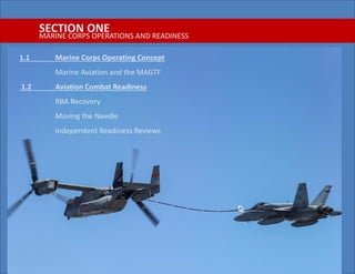 SECTION ONE
MARINE CORPS OPERATIONS AND READINESS
1.1 Marine Corps Operating Concept
Marine Aviation and the MAGTF
1.2 Aviation Combat Readiness
RBA Recovery
Moving the Needle
Independent Readiness Reviews
 