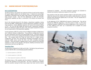 2.6 MARINE MEDIUM TILTROTOR(VMM) PLAN
70
MV-22 DESCRIPTION:
The MV-22 Osprey is the world’s first production tiltrotor aircraft and the medium
lift assault support platform for the Marine Corps. It blends the vertical flight
capabilities of helicopters with the speed, range, altitude, and endurance of fixed-
wing transport aircraft. Since the first deployment in 2007, the MV-22B’s
revolutionary capability has been a cornerstone of the Marine Air-Ground Task
Force.
Due to the increasing demand for the Osprey, a detachment capability is being
built into the VMMs. Staffing began in 2014 for detachment capability in two East
Coast squadrons. Sixteen additional squadrons will receive the increased staffing
in FY17. The 17th and 18th VMMs will stand-up with a detachment capability.
Efforts are underway to adjust the spares, tools, and support equipment to match
the unit requirements of the detachment capability.
Current inventory of MV-22’s consist of over 70 different hardware configurations
and 7 different software configurations. These different configurations account
for more maintenance man hours and reduced RBA aircraft. A new plan targeting
2019 to start is the Common Configuration Readiness and Modernization (CCRAM)
Plan. This concept would first bring the entire fleet to a single common
configuration and then start improvements leveraging technologies from joint
multi-role (JMR), future vertical lift (FVL), and other emerging technology
initiatives. These will provide a capability leap to ensure relevance and improved
readiness at a lower cost for decades, will improve reliability and decrease direct
maintenance man-hours per flight hour.
Transition Plan:
The MV-22B has replaced the CH-46E and CH-53D. The Marine Corps will procure
a total of 360 MV-22B’s in the following squadron beddown:
1) 18 active squadrons x 12 MV-22B
2) 2 reserve squadrons x 12 MV-22B
3) 1 fleet replacement squadron x 20 MV-22B
The Marine Corps is 75% complete with the medium lift transition. There are
fourteen FOC squadrons in the active fleet. The units in Okinawa are complete
with the transition, leaving the West Coast, Hawaii, East Coast, and the reserve
component to complete. Two active component squadrons are scheduled to
relocate from Southern California to Hawaii in FY17 and FY18.
The transition of the two reserve squadrons began in the third quarter of FY13.
VMM-764 relocated from Edwards Air Force Base to MCAS Miramar in 2013 and
attained initial operational capable (IOC) in June 2014. The unit reached FOC in
the third quarter of FY16.
In the beginning of FY17, VMM-268 will relocate to Kaneohe Bay. They will be
followed by VMM-363, beginning in the first quarter of FY18. A 17th active
component squadron, VMM-362, will stand-up beginning in FY18 in Miramar, CA.
In FY19, VMM-212 will stand -up in Jacksonville, NC to complete the active
component transition.
 