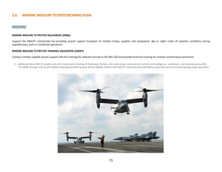 71
2.6 MARINE MEDIUM TILTROTOR(VMM) PLAN
MISSIONS
MARINE MEDIUM TILTROTOR SQUADRON (VMM):
Support the MAGTF commander by providing assault support transport of combat troops, supplies and equipment, day or night under all weather conditions during
expeditionary, joint or combined operations.
MARINE MEDIUM TILTROTOR TRAINING SQUADRON (VMMT)
Conduct combat capable assault support tiltrotor training for selected aircrew in the MV-22B and provide technical training for aviation maintenance personnel.
1) Additional future MV-22 mission sets will include aerial refueling of fixed wing, tiltrotor, and rotary wing; command and control; and intelligence, surveillance, and reconnaissance (ISR).
The VMM, through Link 16 and Software Reprogrammable Payload, will be digitally linked to the MAGTF, enhancing interoperability of ground and air forces during long range operations.
 