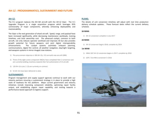 AH-1Z : PROGRAMMATICS, SUSTAINMENT AND FUTURE
91
AH-1Z:
The H-1 program replaces the AH-1W aircraft with the AH-1Z Viper. The H-1
Upgrades Program is a single acquisition program which leverages 85%
commonality of major components, whereby enhancing deployability and
maintainability.
The Viper is the next generation of attack aircraft. Speed, range, and payload have
been increased significantly, while decreasing maintenance workloads, training
timelines, and total ownership cost. The advanced cockpit, common to both
aircraft, not only reduces operator workload and improves SA but also provides
growth potential for future weapons and joint digital interoperability
enhancements. The cockpit systems assimilate onboard planning,
communications, digital fire control, all weather navigation, day/night targeting,
and weapons systems in mirror-imaged crew stations.
1) The procurement objective is 189 AH-1Zs; 152 are build new aircraft (ZBN).
2) Three of the eight active component HMLAs have completed their Z conversion and
are currently building inventory towards their full authorization of 15 aircraft.
3) 120 AH-1Zs (Lots 1-13) are currently on contract.
4) 54 AH-1Zs have been delivered to date.
SUSTAINMENT:
Program management and supply support agencies continue to work with our
industry partners ensuring a sustainment strategy is in place to provide a high
state of readiness for the platform. Major current government and industry
initiatives include improving component reliability, optimizing repair facility
output, and establishing organic repair capability, and moving towards a
performance-based approach to logistics support.
PLANS:
The details of unit conversion timelines will adjust with real time production
delivery schedule updates. These forecast dates reflect the current delivery
schedule.
3d MAW:
1) AH-1Z conversion complete in July 2017
2d MAW:
1) AH-1Z conversion begins 2018, complete by 2019
1st MAW:
1) HMLA 367 AH-1Z conversion begins in 2017, complete by 2018
2) UDP / 31st MEU conversion in 2016
 