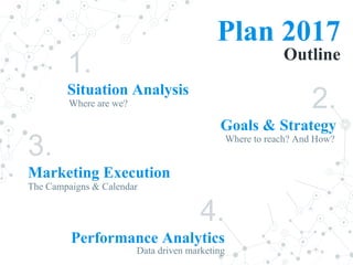 Plan 2017
Outline
1.
Situation Analysis
Where are we? 2.
Goals & Strategy
3.
Marketing Execution
The Campaigns & Calendar
4.
Performance Analytics
Data driven marketing
Where to reach? And How?
 