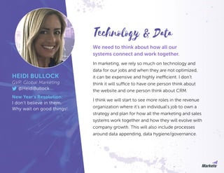 We need to think about how all our
systems connect and work together.
In marketing, we rely so much on technology and
data for our jobs and when they are not optimized,
it can be expensive and highly inefficient. I don’t
think it will suffice to have one person think about
the website and one person think about CRM.
I think we will start to see more roles in the revenue
organization where it’s an individual’s job to own a
strategy and plan for how all the marketing and sales
systems work together and how they will evolve with
company growth. This will also include processes
around data appending, data hygiene/governance.
HEIDI BULLOCK
GVP, Global Marketing
@HeidiBullock
New Year’s Resolution:
I don’t believe in them.
Why wait on good things!
Technology & Data
 