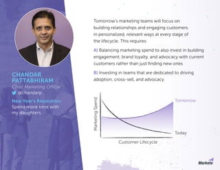 Tomorrow’s marketing teams will focus on
building relationships and engaging customers
in personalized, relevant ways at every stage of
the lifecycle. This requires:
A) Balancing marketing spend to also invest in building
engagement, brand loyalty, and advocacy with current
customers rather than just finding new ones
B) Investing in teams that are dedicated to driving
adoption, cross-sell, and advocacy.
MarketingSpend
Customer Lifecycle
Tomorrow
Today
CHANDAR
PATTABHIRAM
Chief Marketing Officer
@chandarp
New Year’s Resolution:
Spend more time with
my daughters.
 