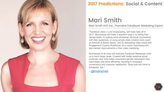 Mari Smith Int’l, Inc., Premiere Facebook Marketing Expert
Mari Smith
“Facebook video + Live broadcasting, will really tak...