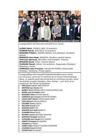 Composition du Bureau exécutif 2017-2019
ULMER Cédric, FRANCE LABS, Co-président
VIGNON Pascal, AGILITECH, Co-président
BOSSARD Frédéric, AGENCE WACAN, Vice-président, Secrétaire
général
DONADIO Jean-Noel, AMADEUS, Secrétaire général adjoint
TITZ Jean-Bernard ,DEV-HELP, Vice-Président, Trésorier
DENJEAN David, ATOS, Trésorier adjoint
FLAMAND Pascal, JANUA, Vice-président, Responsable Stratégie /
Marketing / Presse
CARRASCO Jean-François, JAGUAR NETWORKS, Responsable
Stratégie / Marketing / Presse adjoint
Composition du Conseil d’administration 2017-2019
On retrouvera, parmi les 32 membres de ce Conseil d'Administration
élargi, un superbe panel des entreprises du numérique azuréen, allant
des grandes groupes (Amadeus, Atos, Orange...) aux start-up en
passant par les TPE de l'écosystème.
 ABID Samih CABINET ABID AVOCATS
 ANIFRANI Jean-Charles CESI
 BARBAT Hervé MONACO COTE D’AZUR BUSINESS HUB
 BOISSE Jean-Christophe UNICE
 BOSSARD Frédéric AGENCE WACAN
 CARRASCO Jean-François JAGUAR NETWORKS
 CASTELLANET Michel THALES ALENIA SPACE
 CISSE Edmond URAEUS CONSULT
 COLOMBI Teresa LUDOTIC
 DELCASSE Arnaud SCITY
 DENJEAN David ATOS
 DONADIO Jean-Noël AMADEUS
 FLAMAND Pascal JANUA
 FOURMY Laurent SOFTEAM CADEXTAN
 GEOFFROY Elisabeth SKEMA BS
 GUIGNARD Jean-Claude DATA-MOOVE
 IMBERT Christophe MILANAMOS
 JUGGERY Luc TRAXXS
 LADRET Didier HEWLETT PACKARD ENTERPRISE
 LAVAGNA Franck ORANGE
 LECOURT Bich DATACORP
 