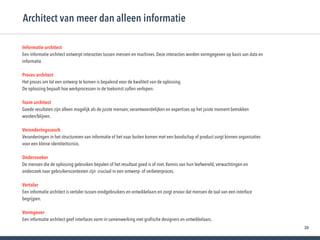 26
Informatie architect 
Een informatie architect ontwerpt interacties tussen mensen en machines. Deze interacties worden vormgegeven op basis van data en
informatie.
 
Proces architect
Het proces om tot een ontwerp te komen is bepalend voor de kwaliteit van de oplossing.  
De oplossing bepaalt hoe werkprocessen in de toekomst zullen verlopen.
 
Team architect
Goede resultaten zijn alleen mogelijk als de juiste mensen, verantwoordelijken en expertises op het juiste moment betrokken
worden/blijven.
Veranderingscoach 
Veranderingen in het structureren van informatie of het naar buiten komen met een boodschap of product zorgt binnen organisaties
voor een kleine identiteitscrisis.
 
Onderzoeker
De mensen die de oplossing gebruiken bepalen of het resultaat goed is of niet. Kennis van hun leefwereld, verwachtingen en
onderzoek naar gebruikerscontexten zijn cruciaal in een ontwerp- of verbeterproces.
Vertaler
Een informatie architect is vertaler tussen eindgebruikers en ontwikkelaars en zorgt ervoor dat mensen de taal van een interface
begrijpen.
Vormgever
Een informatie architect geef interfaces vorm in samenwerking met graﬁsche designers en ontwikkelaars.
Architect van meer dan alleen informatie
 
