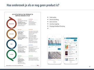 51
Hoe onderzoek je als er nog geen product is?
• Field studies
• Persona building
• User scenarios
• Journey mapping
• Prototype feedback & testing
• …
 