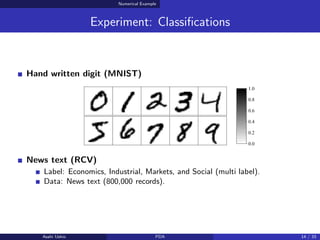 Numerical Example
Experiment: Classifications
Hand written digit (MNIST)
News text (RCV)
Label: Economics, Industrial, Mar...