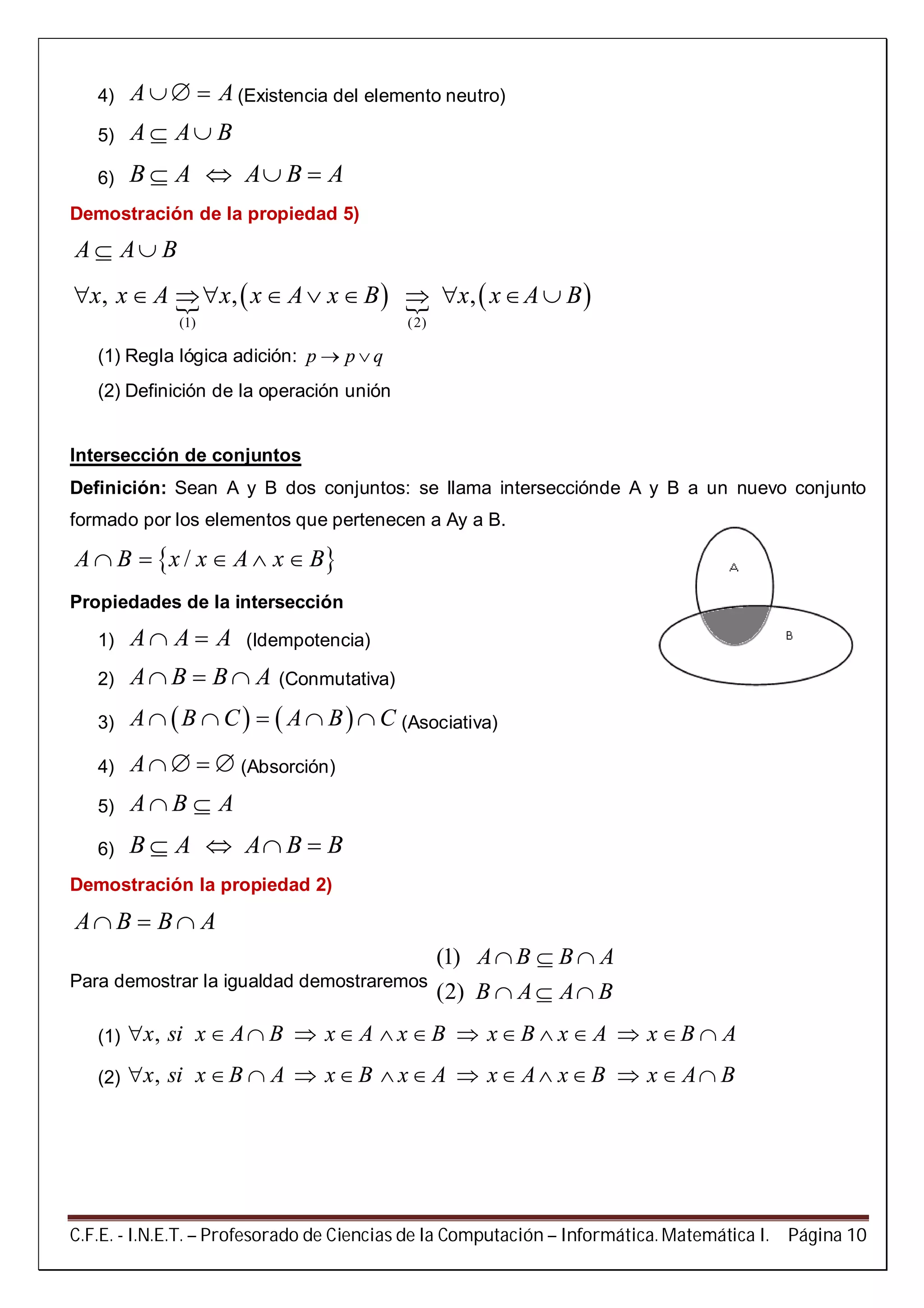 C.F.E. - I.N.E.T. – Profesorado de Ciencias de la Computación – Informática. Matemática I. Página 10
4) A A  (Existencia del elemento neutro)
5) A A B 
6) B A A B A   
Demostración de la propiedad 5)
A A B 
     
(1) (2)
, , ,x x A x x A x B x x A B         
(1) Regla lógica adición: p p q 
(2) Definición de la operación unión
Intersección de conjuntos
Definición: Sean A y B dos conjuntos: se llama intersecciónde A y B a un nuevo conjunto
formado por los elementos que pertenecen a Ay a B.
 /A B x x A x B    
Propiedades de la intersección
1) A A A  (Idempotencia)
2) A B B A   (Conmutativa)
3)    A B C A B C     (Asociativa)
4) A    (Absorción)
5) A B A 
6) B A A B B   
Demostración la propiedad 2)
A B B A  
Para demostrar la igualdad demostraremos
(1)
(2)
A B B A
B A A B
  
  
(1) ,x si x A B x A x B x B x A x B A             
(2) ,x si x B A x B x A x A x B x A B             
 