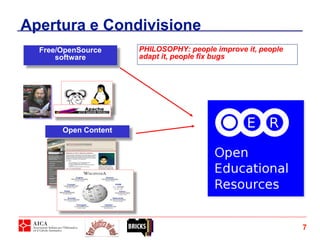 Apertura e Condivisione
Open Content
Free/OpenSource
software
PHILOSOPHY: people improve it, people
adapt it, people fix bugs
7
 