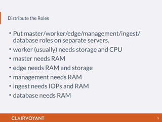 Distribute the Roles
5
• Put master/worker/edge/management/ingest/
database roles on separate servers.
• worker (usually) needs storage and CPU
• master needs RAM
• edge needs RAM and storage
• management needs RAM
• ingest needs IOPs and RAM
• database needs RAM
 