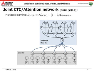 © MERL
MITSUBISHI ELECTRIC RESEARCH LABORATORIES
Joint CTC/Attention network [Kim+(2017)]
2016 11
Multitask learning:
 