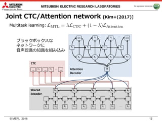 © MERL
MITSUBISHI ELECTRIC RESEARCH LABORATORIES
Joint CTC/Attention network [Kim+(2017)]
2016 12
Multitask learning:
ブラックボックスな
ネットワークに
⾳声認識の知識を組み込み
 