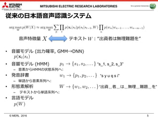 © MERL
MITSUBISHI ELECTRIC RESEARCH LABORATORIES
従来の⽇本語⾳声認識システム
⾳声特徴量 テキスト : “出資者は無理難題を”
• ⾳響モデル (出⼒確率, GMM→DNN)
• ⾳響モデル (HMM)
– ⾳素からHMMの状態系列へ:
• 発⾳辞書
– 単語から⾳素系列へ:
• 形態素解析
– テキストから単語系列へ:
• ⾔語モデル
2016 5
“出資␣者␣は␣無理␣難題␣を”
“s y u q s i”
“s_1, s_2, s_3”
 