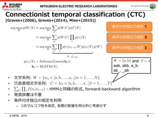 © MERL
MITSUBISHI ELECTRIC RESEARCH LABORATORIES
Connectionist temporal classification (CTC)
[Graves+(2006), Graves+(2014), Miao+(2015)]
2016 8
• ⽂字系列:
• 冗⻑表現⽂字系列:
• : HMMと同様の形式, forward-backward algorithm
• 発⾳辞書は不要
• 条件付き独⽴の仮定を利⽤
– 1次マルコフ性を仮定, ⻑期の影響を明⽰的に考慮せず
and
aab, abb, a_b,
ab_, _ab
条件付き独⽴の仮定 2
条件付き独⽴の仮定 3
条件付き独⽴の仮定 1
 