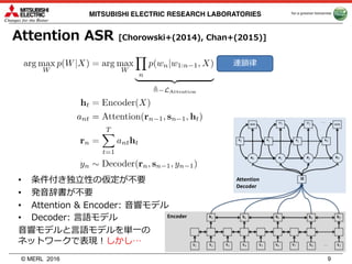© MERL
MITSUBISHI ELECTRIC RESEARCH LABORATORIES
Attention ASR [Chorowski+(2014), Chan+(2015)]
2016 9
連鎖律
• 条件付き独⽴性の仮定が不要
• 発⾳辞書が不要
• Attention & Encoder: ⾳響モデル
• Decoder: ⾔語モデル
⾳響モデルと⾔語モデルを単⼀の
ネットワークで表現！しかし…
 