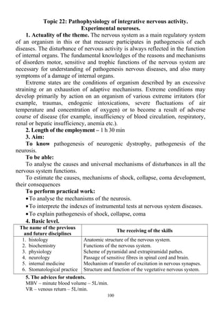 Topic 22: Pathophysiology of integrative nervous activity.
Experimental neuroses.
1. Actuality of the theme. The nervous system as a main regulatory system
of an organism in this or that measure participates in pathogenesis of each
diseases. The disturbance of nervous activity is always reflected in the function
of internal organs. The fundamental knowledges of the reasons and mechanisms
of disorders motor, sensitive and trophic functions of the nervous system are
necessary for understanding of pathogenesis nervous diseases, and also many
symptoms of a damage of internal organs.
Extreme states are the conditions of organism described by an excessive
straining or an exhaustion of adaptive mechanisms. Extreme conditions may
develop primarily by action on an organism of various extreme irritators (for
example, traumas, endogenic intoxications, severe fluctuations of air
temperature and concentration of oxygen) or to become a result of adverse
course of disease (for example, insufficiency of blood circulation, respiratory,
renal or hepatic insufficiency, anemia etc.).
2. Length of the employment – 1 h 30 min
3. Aim:
To know pathogenesis of neurogenic dystrophy, pathogenesis of the
neurosis.
To be able:
To analyse the causes and universal mechanisms of disturbances in all the
nervous system functions.
To estimate the causes, mechanisms of shock, collapse, coma development,
their consequences
To perform practical work:
•To analyse the mechanisms of the neurosis.
•To interprete the indexes of instrumental tests at nervous system diseases.
•To explain pathogenesis of shock, collapse, coma
4. Basic level.
The name of the previous
and future disciplines
The receiving of the skills
1. histology
2. biochemistry
3. physiology
4. neurology
5. internal medicine
6. Stomatological practice
Anatomic structure of the nervous system.
Functions of the nervous system.
Scheme of pyramidal and extrapiramidal pathes.
Passage of sensitive fibres in spinal cord and brain.
Mechanism of transfer of excitation in nervous synapses.
Structure and function of the vegetative nervous system.
5. The advices for students.
MBV – minute blood volume – 5L/min.
VR – venous return – 5L/min.
100
 