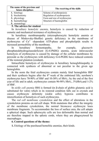 The name of the previous and
future disciplines
The receiving of the skills
1. histology
2. biochemistry
3. physiology
4. haemathology
5. stomatology
Scheme of erythropoiesis
Regulation of erythropoiesis
Form and size of erythrocytes
Structure of haemoglobin
5. The advices for student
In hereditary hemolytic anemia, hemolysis is caused by reduction of
osmotic and mechanical resistance of erythrocytes.
In hereditary membranopathy (microspherocytic hemolytic anemia or
disease of Minkovsky-Shoffar) genetic deficiency in the membrane of
erythrocytes of Ca2+
-dependent ATP-phase and phospholipids results in
increased permeability of the membrane.
In hereditary fermentopathy, for example, glucose-6-
phosphatedehydrogenasodeficient (G-6-PhDG) anemia, acute intravascular
hemolysis of erythrocytes is caused by damage of the cellular membranes by
peroxide as the erythrocytes with deficiency G-6-PGDG have reduced contents
of the restored glutation (oxidant).
Intracellular hemolysis of erythrocytes in hereditary hemoglobinopathy is
connected with synthesis of abnormal or not peculiar to the given age
hemoglobin.
In the norm the fetal erythrocytes contain mainly fetal hemoglobin HbF
and their synthesis begins after the 8th
week of the embrional life; newborn’s
erythrocytes have 70-90% of HbF and 10-30% of HbA1; by the end of the first
year of life and in adult, erythrocytes contain 96-98% HbA1, 3%HbA2and 1-2%
of HbF.
In sickle cell anemia HbS is formed (in β-chain of globin glutamic acid is
substituted for valin) which in its restored condition falls out in crystals and
causes erythrocyte deformity (sickle cells); hypoxia contributes to
intensification of hemolysis of such erythrocytes.
The red cell membrane cytoskeleton and the effect of alterations in the
cytoskeleton proteins on red cell shape. With mutations that affect the integrity
of the membrane cytoskeleton, the normal biconcave erythrocyte loses
membrane fragments. To accommodate the loss of surface area, the cell adopts
a spherical shape. Such spherocytic cells are less deformable than normal and
are therefore trapped in the splenic cords, where they are phagocytosed by
macrophages.
6. Control questions of the theme:
1. Etiology of the purchased hemolitic anemias, their kinds.
15
 
